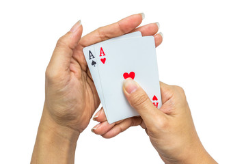Playing cards in hand isolated on white background