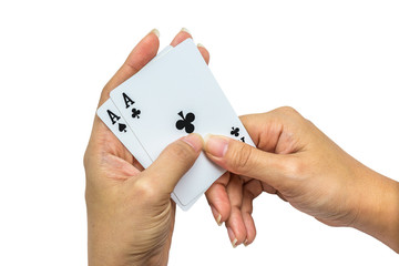 Playing cards in hand isolated on white background