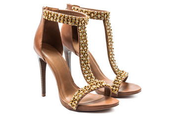 Brown high heels party wear sandals with rhinestones