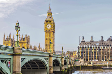 Big Ben with Westminster bridge and EU Parlament in London
