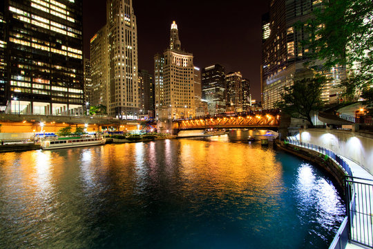 Color DSLR image of Chicago city skyline at night; horizontal with copy space for text