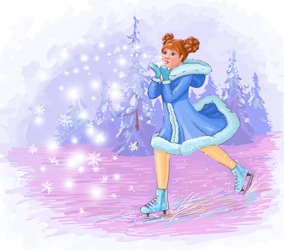 winter illustration of a girl skating