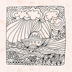 Zentangle with boat, sea and clouds
