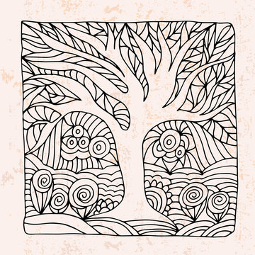 Zentangle with tree and flowers