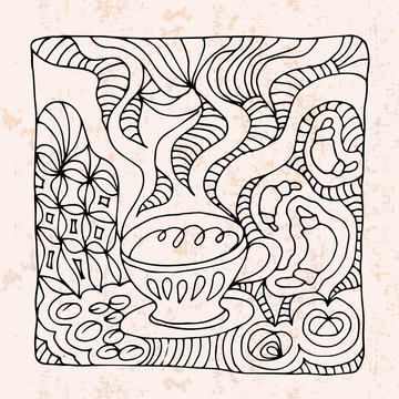 Zentangle with cup of coffee and sweets