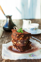 Cake chocolate brownies on wooden background