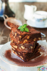 Cake chocolate brownies on wooden background
