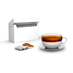 Black tea bags with cup with and tea box