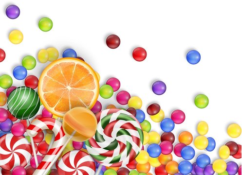 Sweets of candies with lollipop, orange juice, bubblegum on a white background 