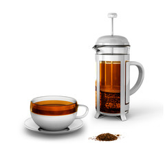 Black tea with cup and french press