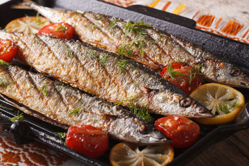 Fish menu: grilled saury with vegetables on the grill pan 
