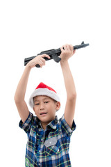 little boy with gun isolated on white background.