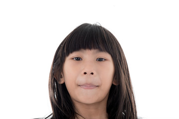 Close up face of Asian girl on white.