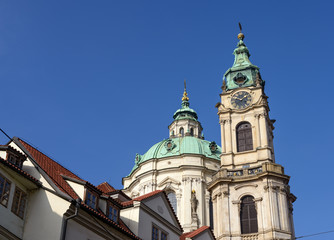 Fototapeta na wymiar Tower of Saint Nicholas Church in Prague, Czech Republic.