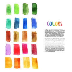Colorful watercolor design elements with brush stroke elements. Palette art. Art studio decoration. Vector