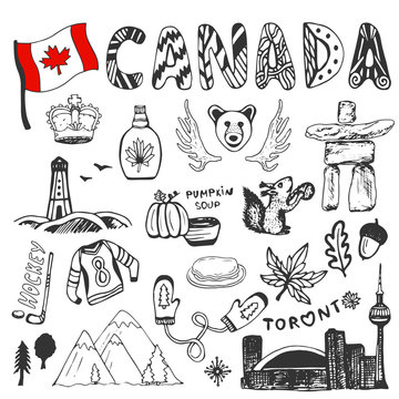 Sketch hand drawn collection of Canada symbols. Canadian culture set elements for design. Vector travel illustration