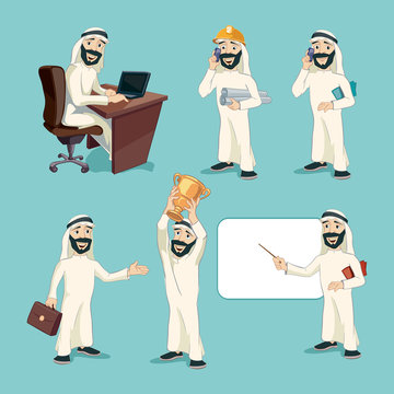 Arab businessman in different actions. Vector cartoon characters set