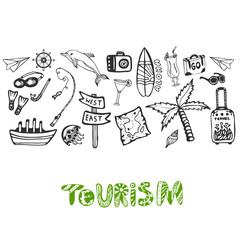 Hand drawn background with summer holiday elements. Tourism vector wallpaper with doodle signs collection