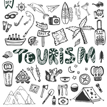 Hand drawn big set. Summer holiday - camping and sea vacation. Travel icons vector collection. Doodle tourism lettering