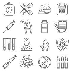 Medical vaccinations vector outline linear icons set