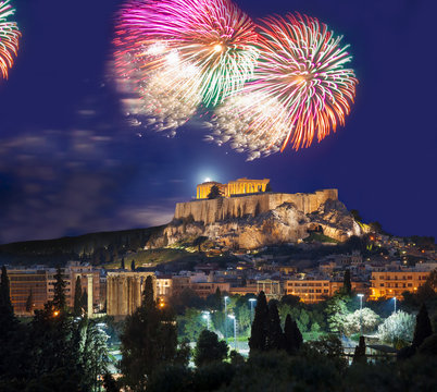 Acropolis with firework, celebration of the New year in Athens, Greece