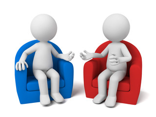The two 3D people sit together and chat 