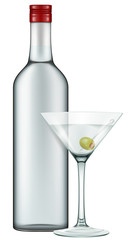 Photo-realistic illustration of a vodka bottle and a glass of Martini.