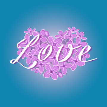 Vector blooming lilac heart with romantic Love text on gradient blue background. Fresh, spring romantic design for greeting, wedding, birthday card