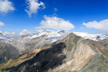 Fototapeta na wymiar Mountain glacier panorama with summit Großvenediger in the Hohe Tauern Alps, Austria