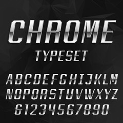 Chrome Alphabet Vector Font. Type letters and numbers. Metal effect letters on the dark geometric background. Vector typeface for headlines, posters etc.