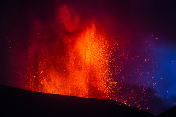 Volcano eruption. Mount Etna erupting from the crater Voragine