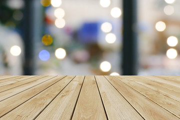 Perspective wood and bokeh light background