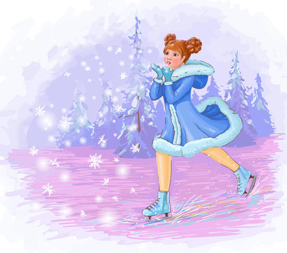 winter vector postcard with a girl skating