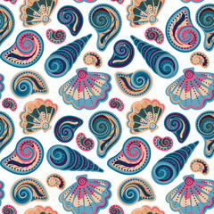 Naklejka premium Seamless pattern with shells. Summer vector colorful background. Hand draw colorful sea shells backdrop.