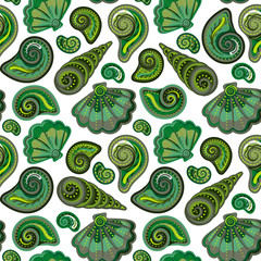 Seamless pattern with shells. Summer vector colorful background. Hand draw colorful sea shells backdrop.