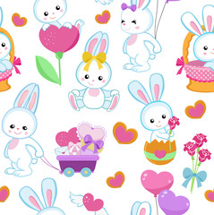 Cute vector seamless pattern with rabbits and hearts. Endless background.
