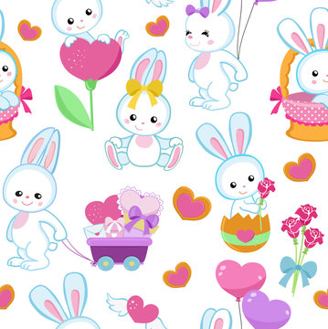 Cute vector seamless pattern with rabbits and hearts. Endless background.
