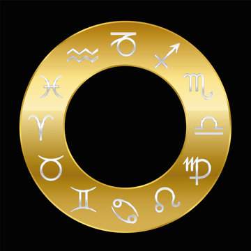 Zodiac signs silver on golden ring. Vector illustration on black background.