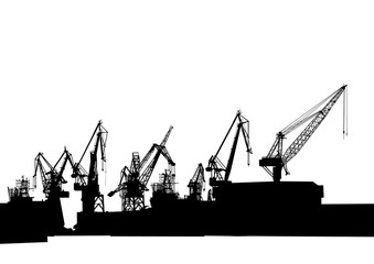 Fototapeta na wymiar Silhouettes of cargo cranes in the seaport on white background