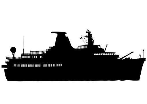 Silhouette of retro ship on white background