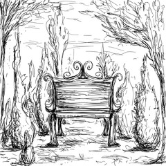 Park bench, trees and bushes. Vintage hand drawn illustration in sketch style