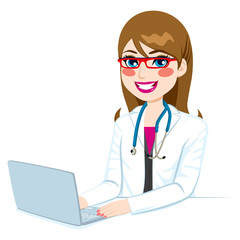 Young beautiful doctor woman smiling and writing on laptop computer