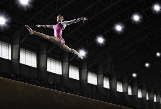 A gymnast with her arms outstretched leaping in the air