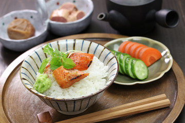 ochazuke is a simple Japanese dish made by pouring green tea over cooked rice.
