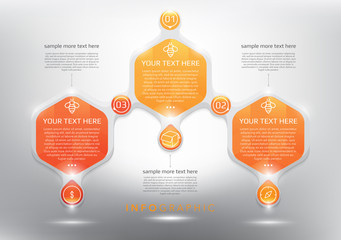Abstract infographic with hexagonal elements. Glossy and transparent on the white panel. Use for business concept. 3 parts concept. Vector illustration. Eps10.