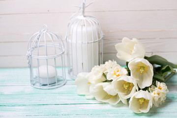 Postcard with fresh spring flowers  tulips and daffodils and can