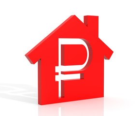 3d illustration of house and ruble symbol over white background