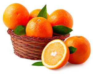 Oranges in basket on a white background