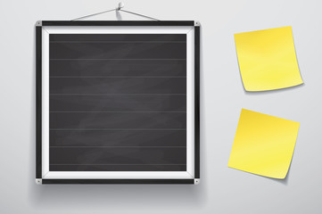 Obraz premium Mock up for presentation framed signboard with two yellow stickers hanging on wall, Chalkboard wood frame
