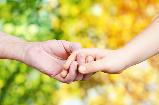 Hands of young child and old woman with natural blurred background

